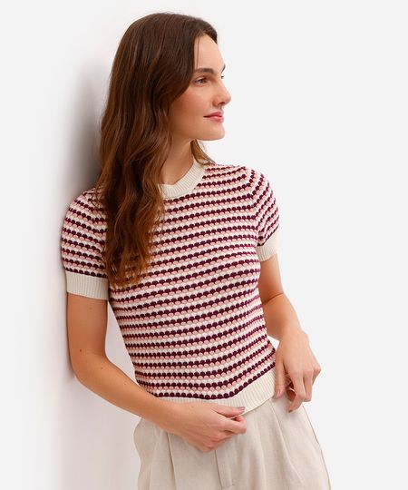 blusa feminina de tricot manga curta texturizada listrada vinho PP