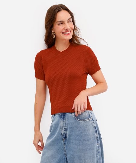 blusa feminina de tricot manga curta texturizada laranja P blusa feminina de tricot manga curta texturizada laranja P