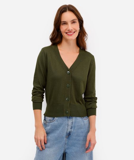 cardigan feminino de tricot cropped manga longa verde PP cardigan feminino de tricot cropped manga longa verde PP