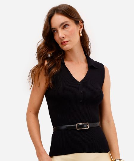 polo feminina de tricot decote v canelada preta G
