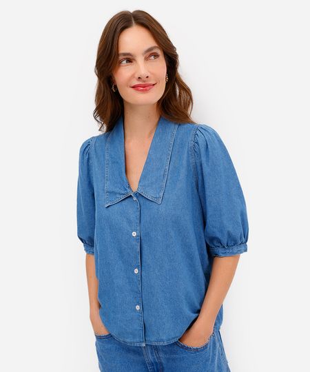 camisa feminina jeans manga bufante azul PP