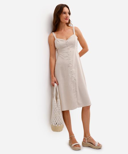 vestido midi feminino evasê com fenda e linho bege GG