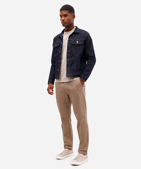 calça slim de sarja cós com elástico bege 40