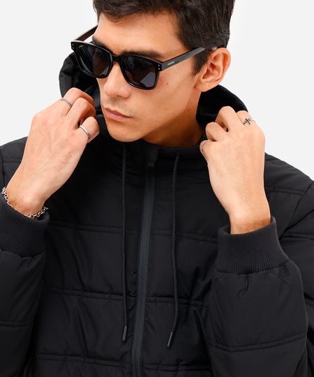 jaqueta puffer masculina com capuz preta GG