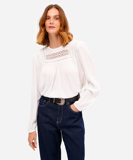 bata feminina de viscose com renda off white M bata feminina de viscose com renda off white M