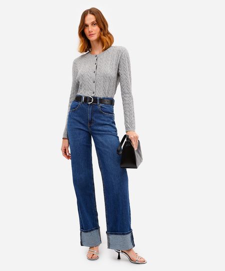 calça wide leg feminina jeans barra dobrada azul 34
