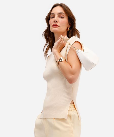 blusa feminina de tricot canelada com fendas bege G