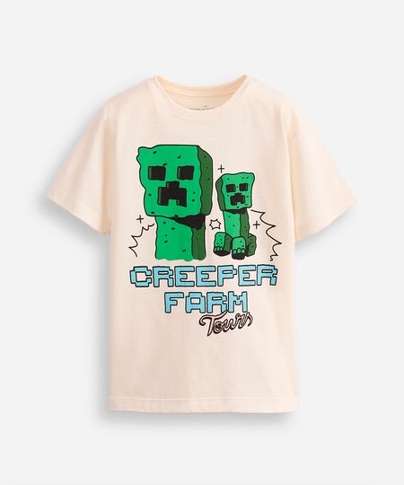 camiseta de algodão infantil creeper farm tours minecraft bege 8 camiseta de algodão infantil creeper farm tours minecraft bege 8