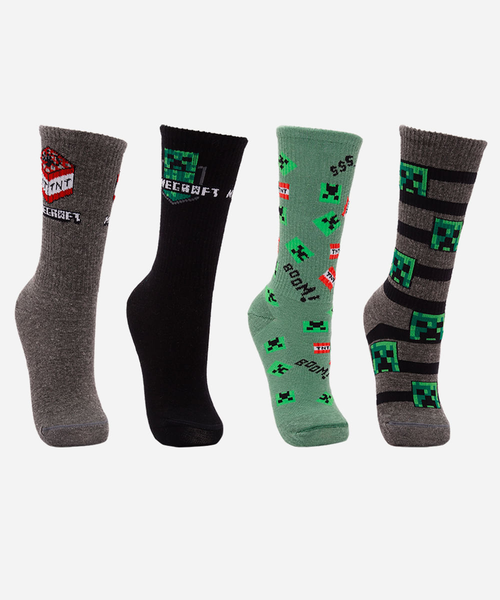 kit de 4 meias infantis cano médio minecraft colorida