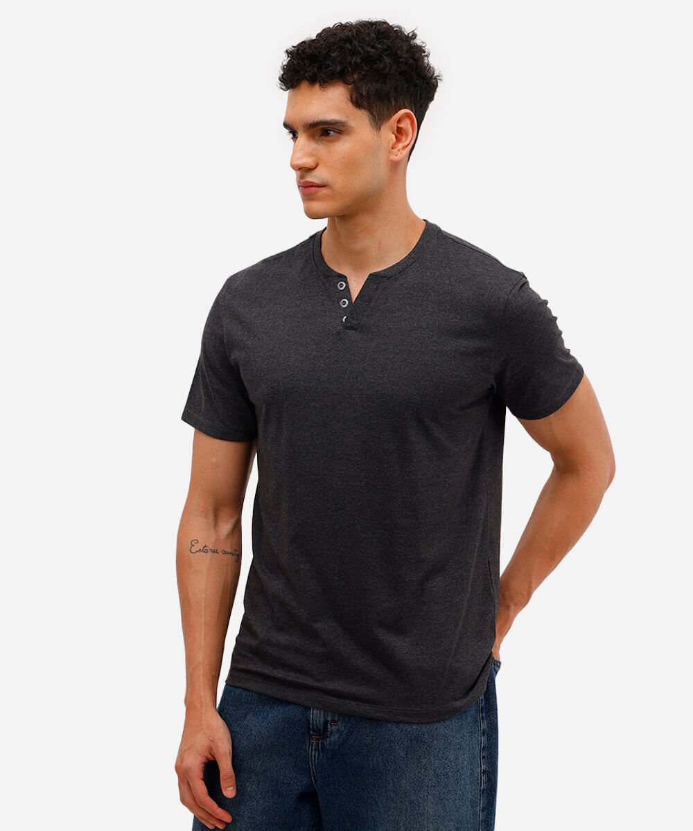 camiseta básica manga curta gola portuguesa - cinza mescla escuro