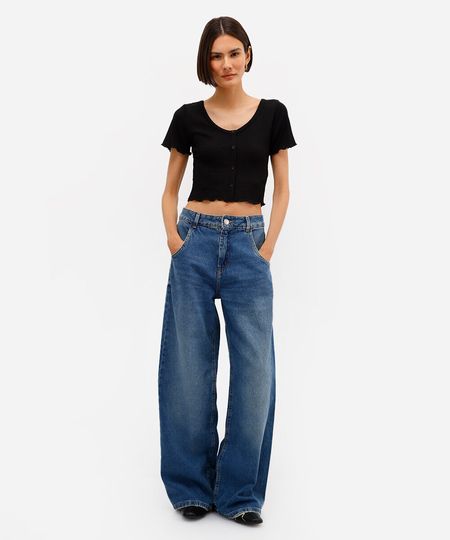 calça wide leg oversized jeans cintura média azul 36
