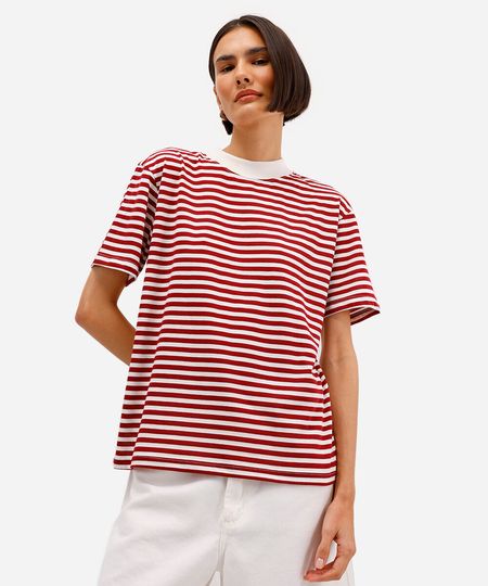camiseta listrada manga curta bege - vinho PP