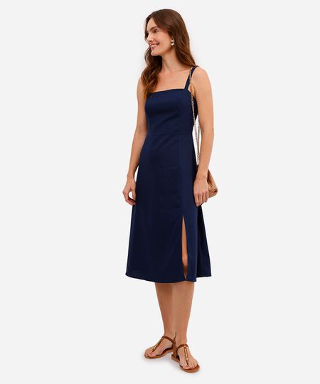 vestido midi feminino com linho e fenda azul M