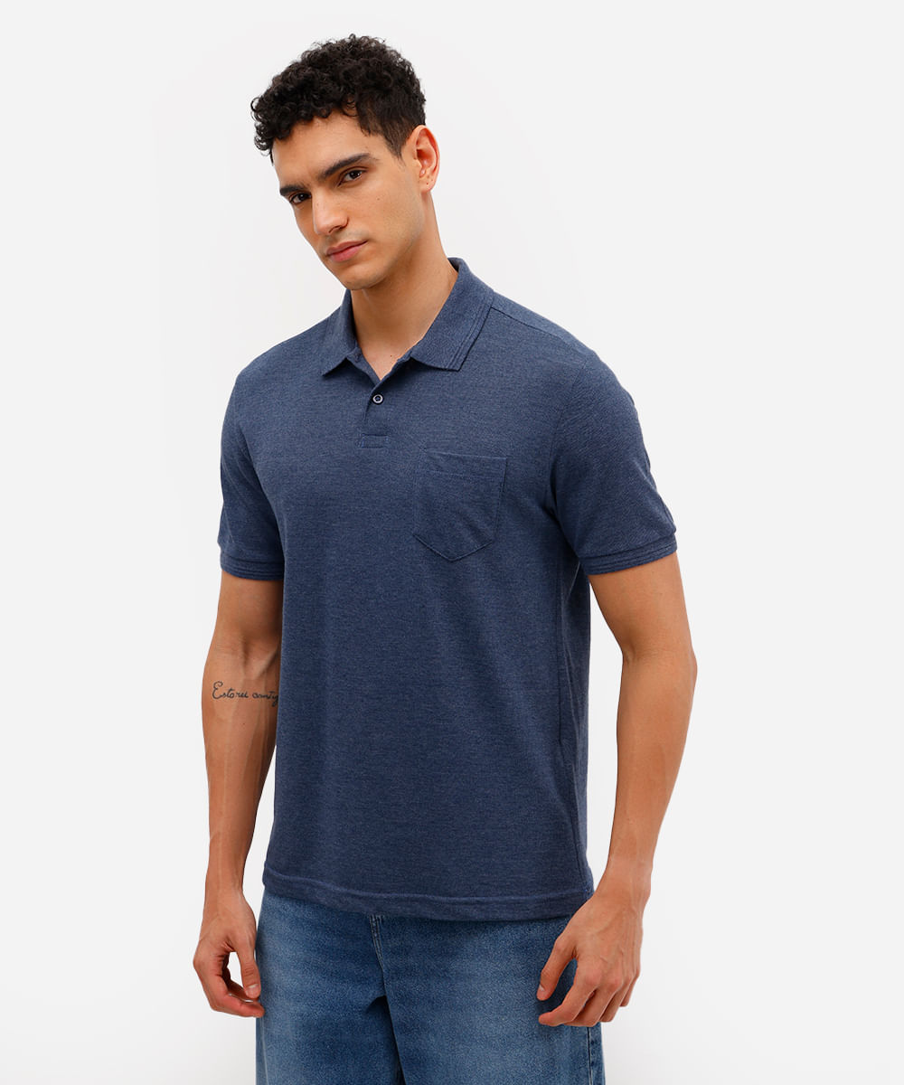 polo básica tradicional piquet com bolso azul