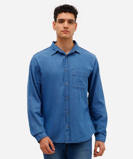 camisa jeans masculina manga longa com bolso azul G