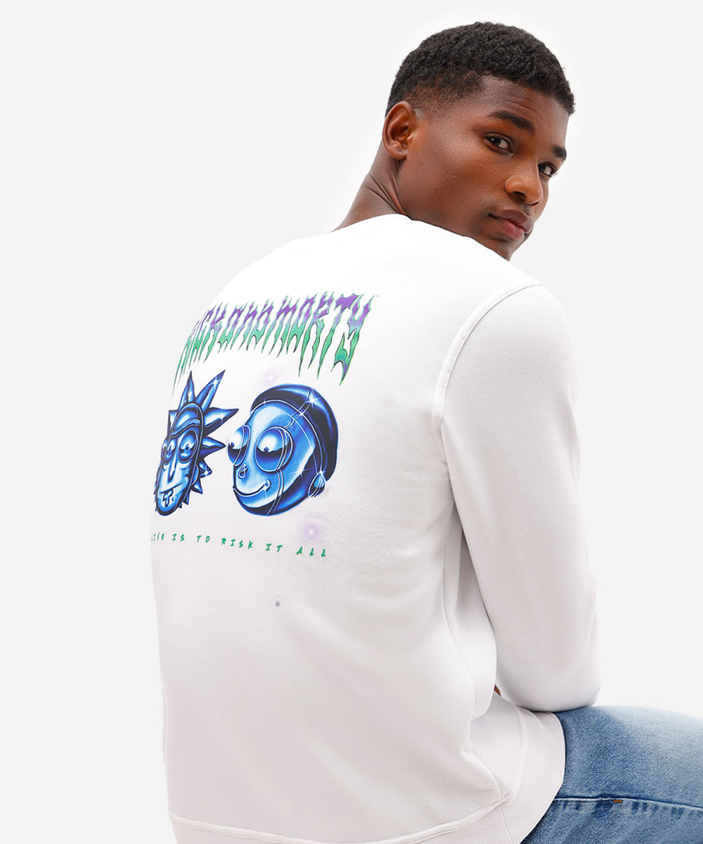 blusão masculino de moletom manga longa rick and morty off white