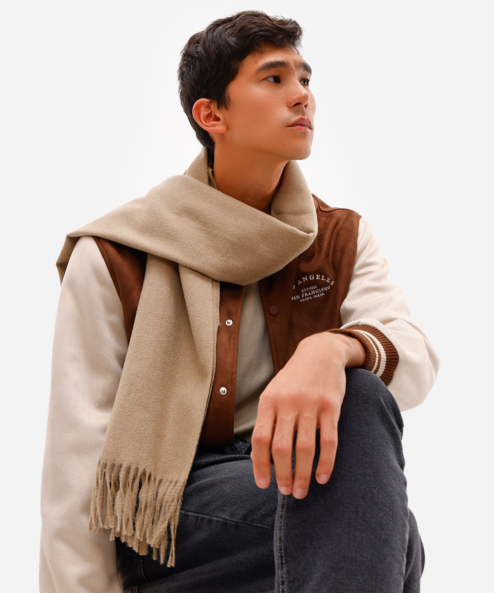 cachecol masculino com viscose e franjas bege