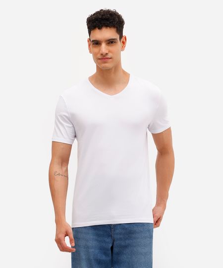 camiseta de algodão manga curta gola V slim branco PP