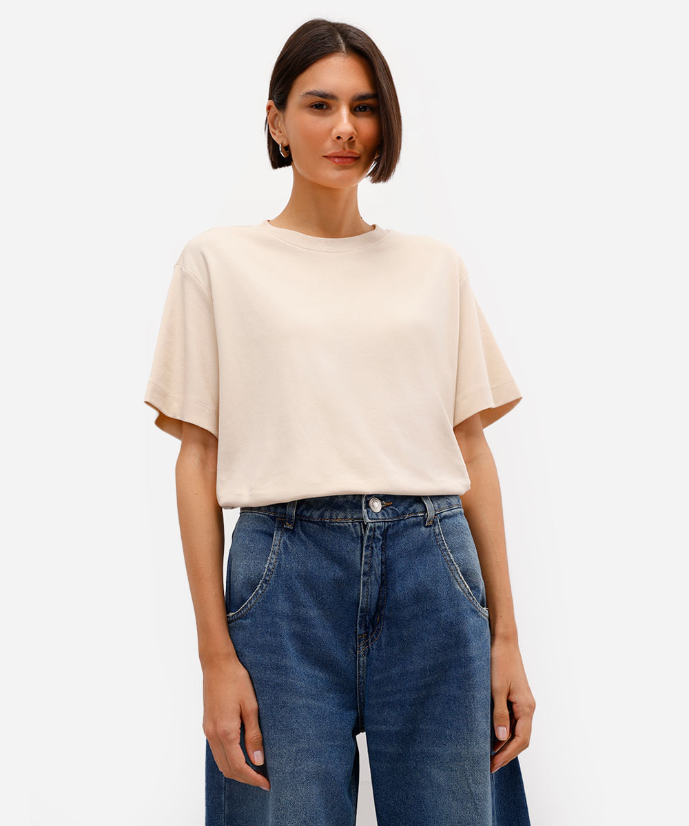 camiseta comfort feminina de algodão peruano interlock bege