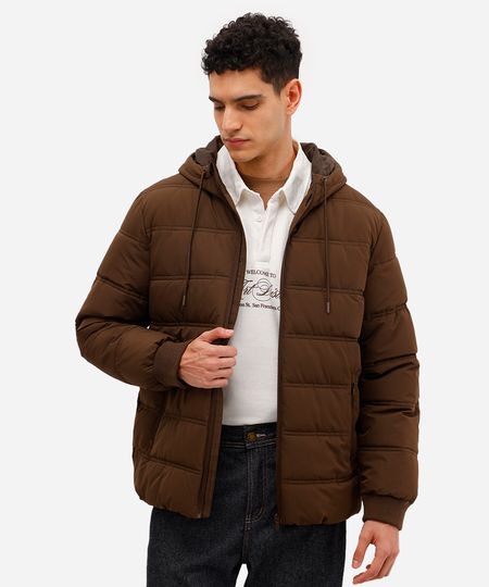 jaqueta puffer masculina com capuz marrom PP jaqueta puffer masculina com capuz marrom PP