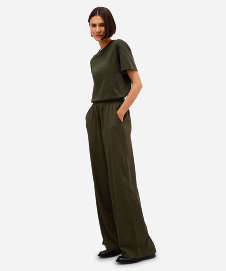 calça wide leg com bolsos texturizada verde PP calça wide leg com bolsos texturizada verde PP