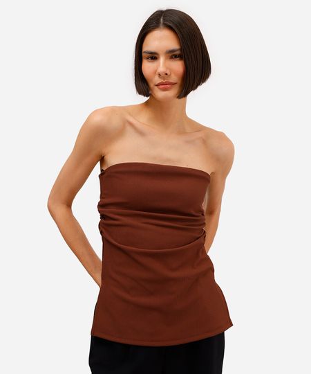 blusa alongada sem alça com franzido marrom P blusa alongada sem alça com franzido marrom P