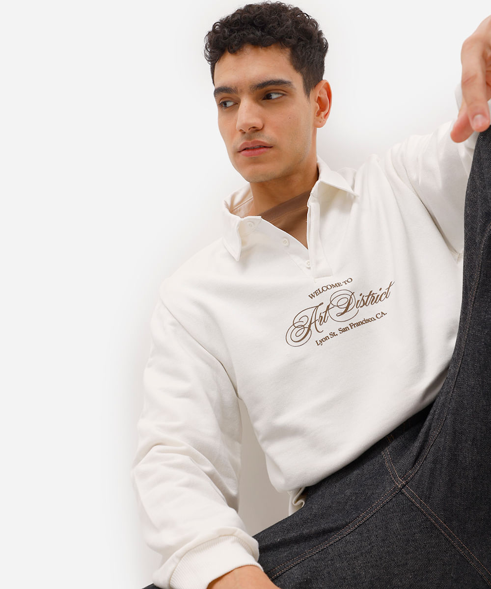 polo masculina de moletinho manga longa art district off white