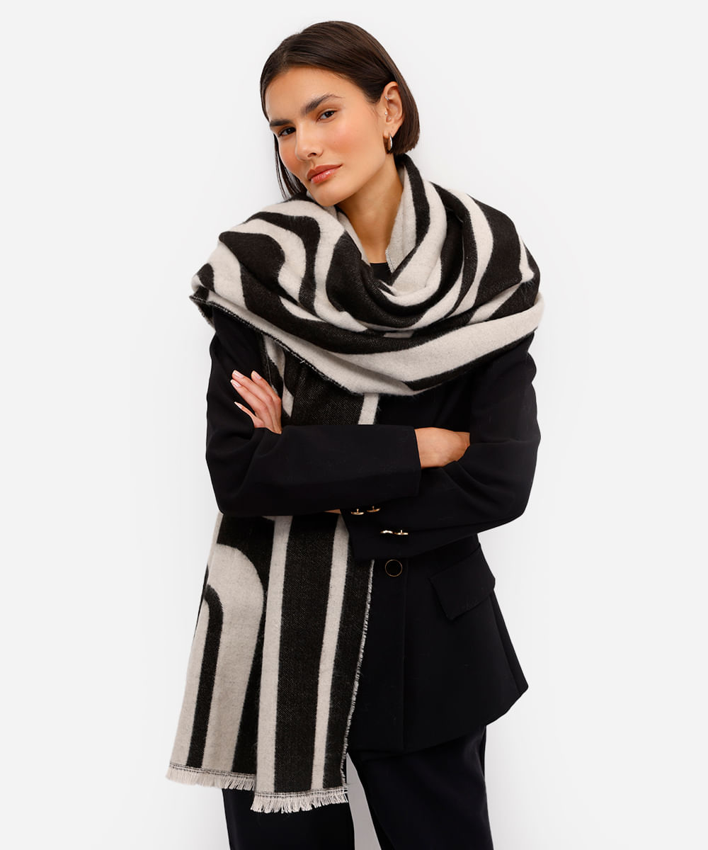 cachecol feminino estampado com franjas abstrato preto