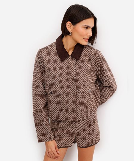 jaqueta feminina gola cotelê estampada marrom M