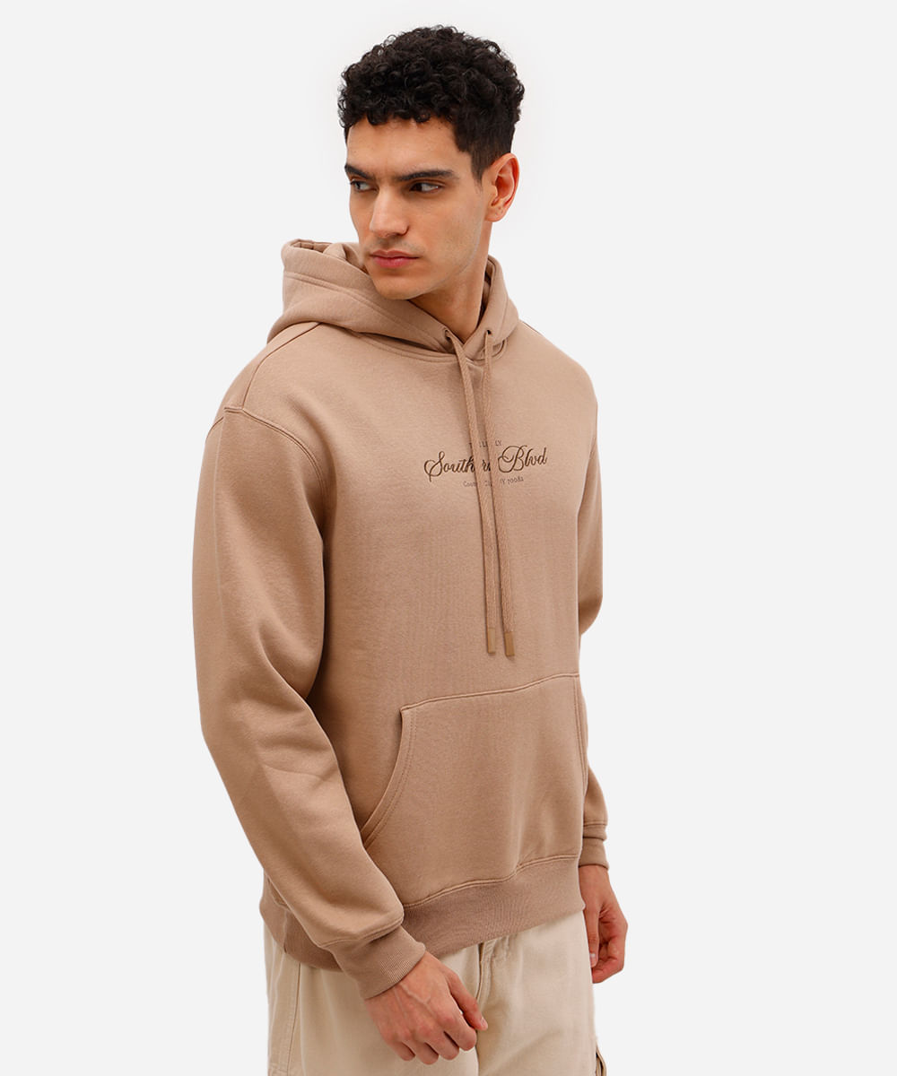 blusão masculino de moletom com capuz e bolso canguru bege