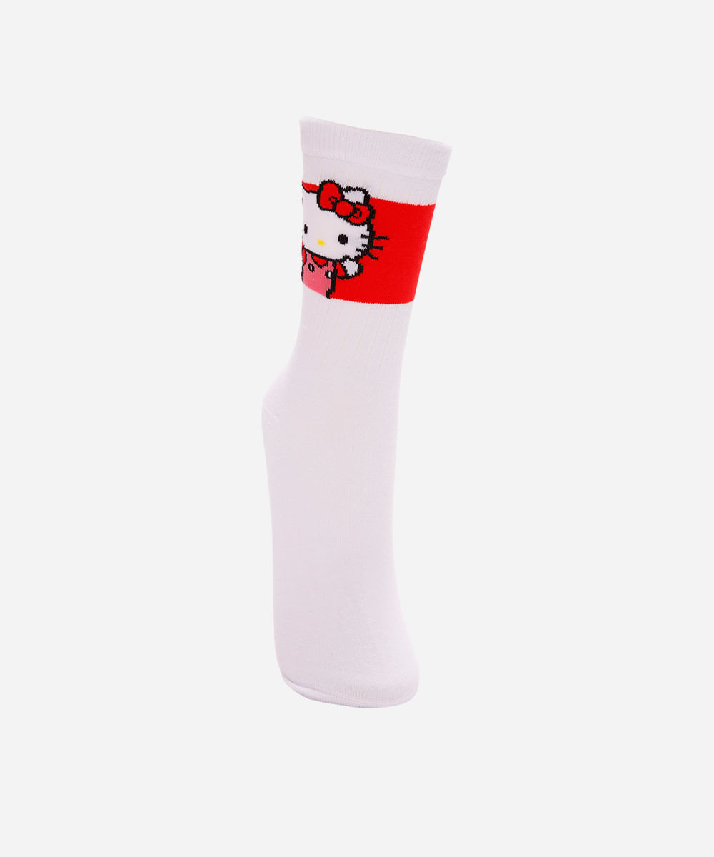 meia feminina cano longo hello kitty branca