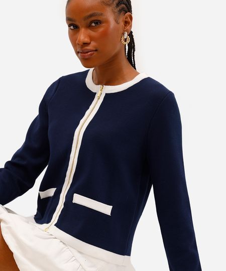 cardigan feminino de tricot com zíper azul G