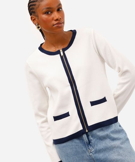 cardigan feminino de tricot com zíper off white P cardigan feminino de tricot com zíper off white P
