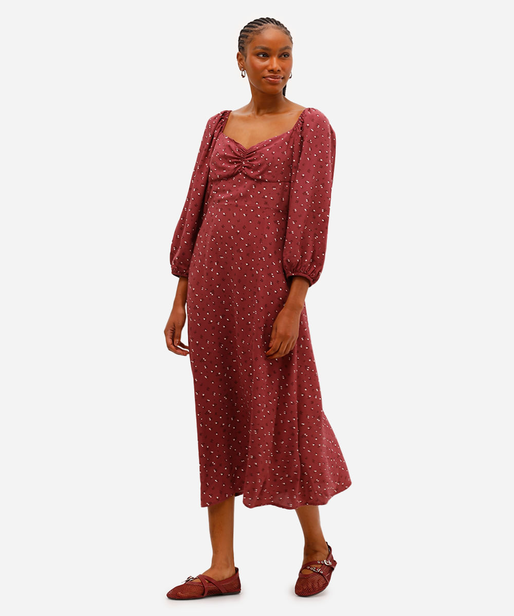 vestido midi feminino de viscose manga bufante floral vinho