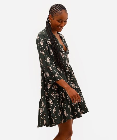 vestido curto feminino de viscose floral verde M vestido curto feminino de viscose floral verde M