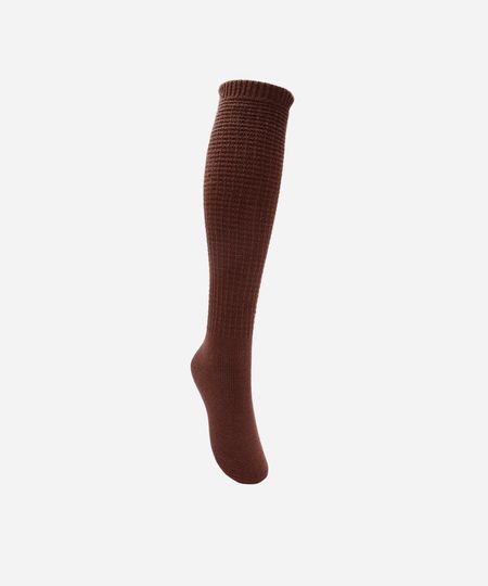 meia feminina de tricot cano longo texturizada marrom 34-39