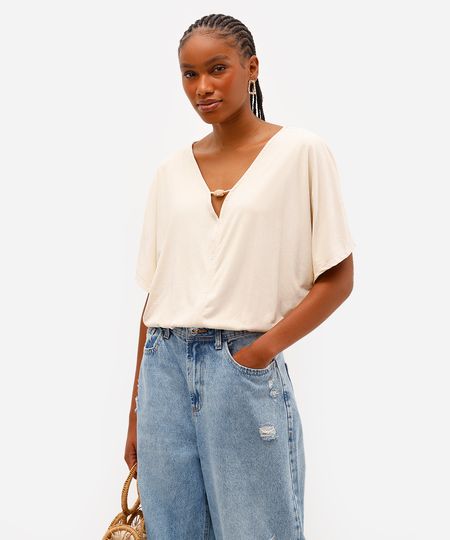 blusa feminina de suede decote v - areia G blusa feminina de suede decote v - areia G