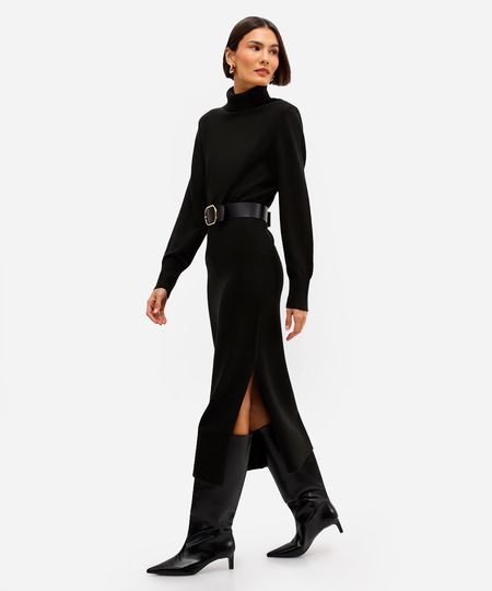 vestido feminino de tricot midi gola alta preto PP