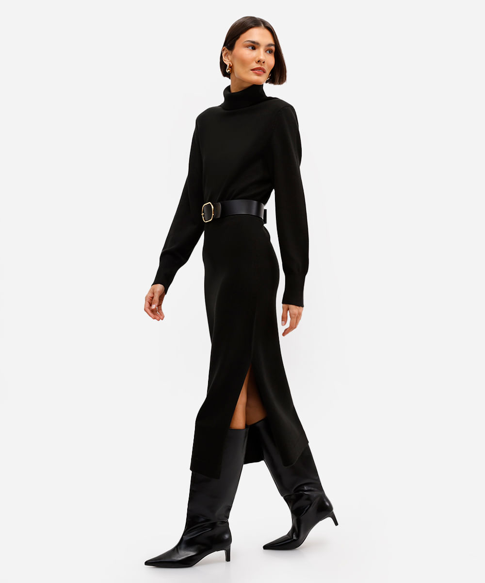vestido feminino de tricot midi gola alta preto