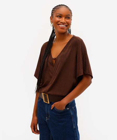 blusa feminina de suede decote v - marrom PP
