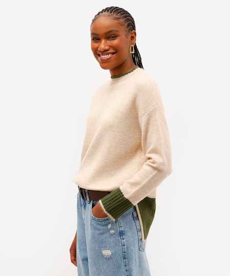 suéter feminino de tricot com fendas bege PP