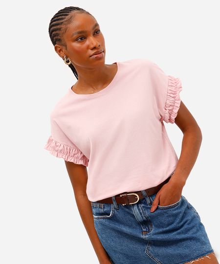 camiseta de algodão manga curta com fru fru rosa M