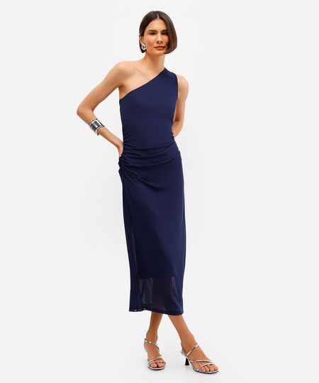 vestido midi feminino ombro único franzido de tule azul M