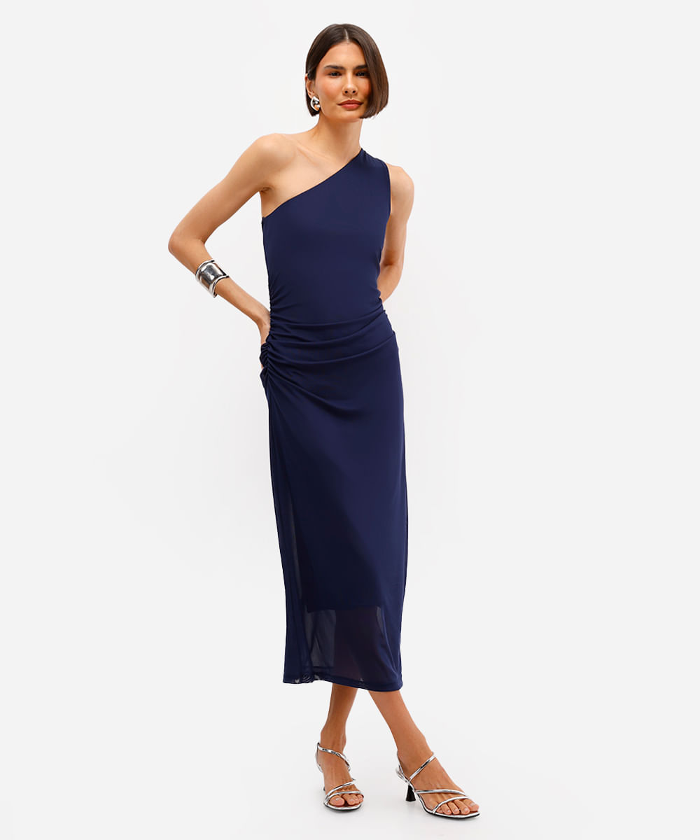 vestido midi feminino ombro único franzido de tule azul
