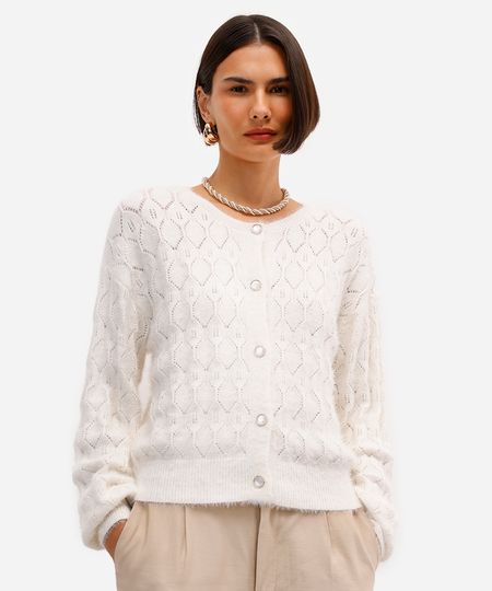 cardigan feminino de tricot texturizado off white M
