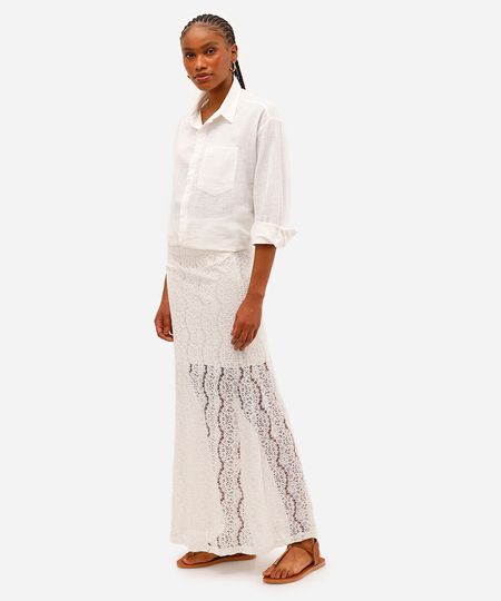 saia longa feminina de renda floral off white PP