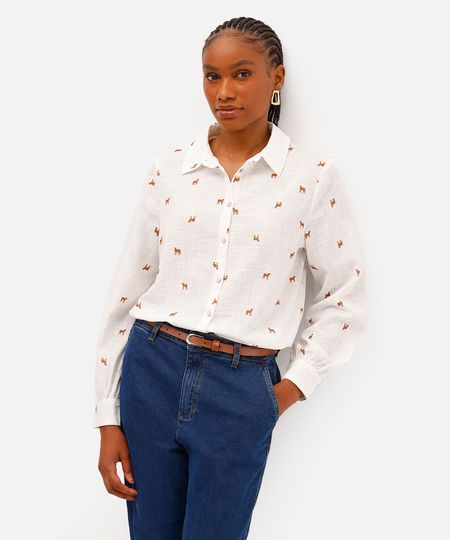 camisa feminina de algodão leopardo manga longa off white PP
