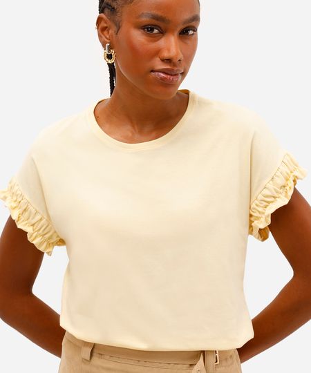 camiseta de algodão manga curta com fru fru amarela P camiseta de algodão manga curta com fru fru amarela P