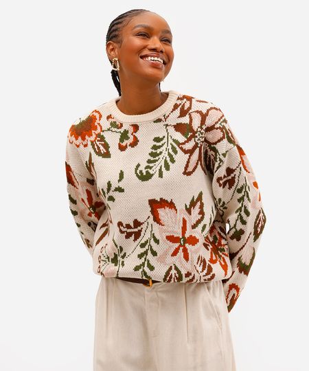 suéter feminino de tricot manga longa floral bege M suéter feminino de tricot manga longa floral bege M