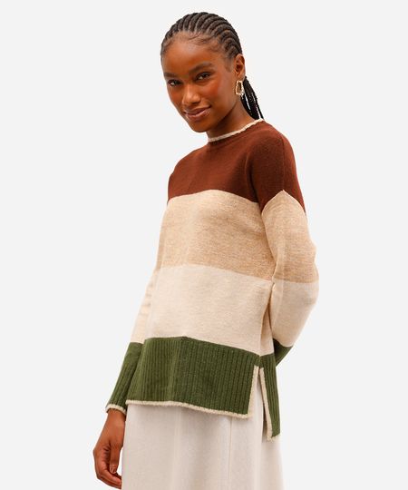 suéter feminino de tricot listrado com fendas bege PP